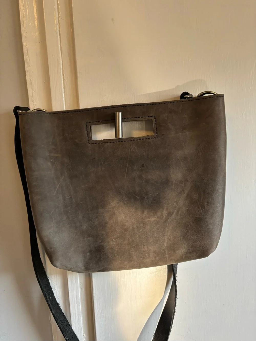 Mosbags Gray Leather Crossbody Bag with Top Handle Cutout